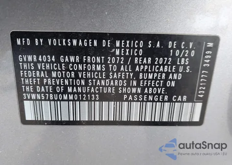 2021 Volkswagen Jetta 1.4T R-Line/1.4T S z USA, uszkodzony, nr VIN 3VWN57BU0MM012133